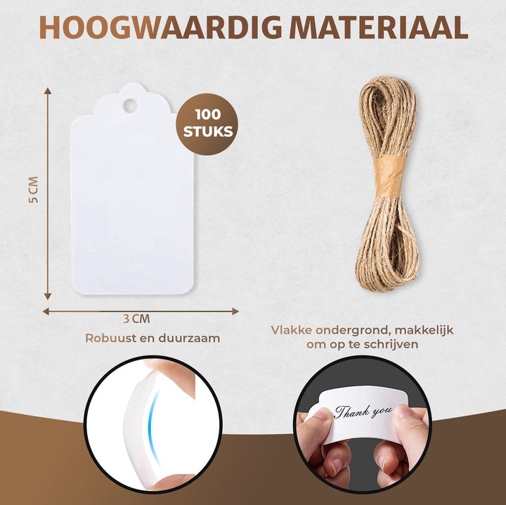  Maat, materiaal en kenmerken van duurzame witte cadeaulabels met touw, geschikt voor diverse toepassingen.