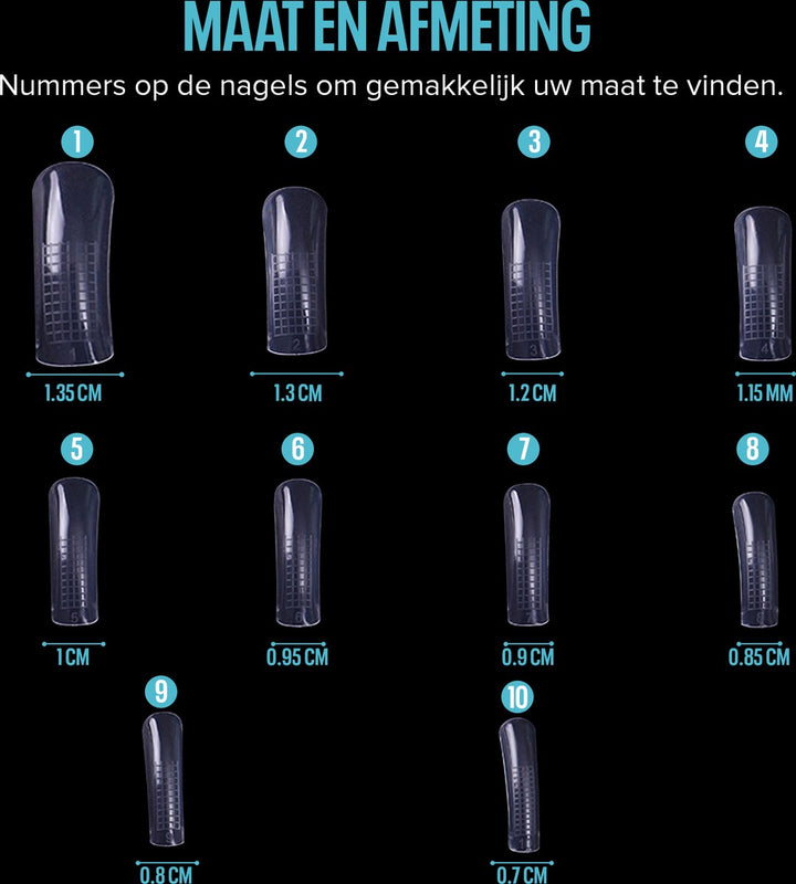 Visueel overzicht van alle 10 maten dual forms met bijbehorende afmetingen