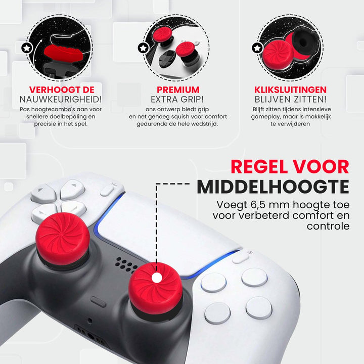 PS5 controller met gemonteerde rode thumbsticks – 6,5 mm middelhoog voor extra controle