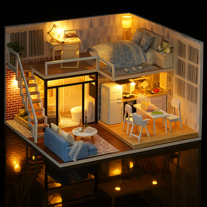 Blauw miniatuur loft poppenhuis met sfeervolle LED-verlichting, ingericht met een slaapkamer, keuken, trap en zithoek. Perfect voor volwassen modelbouwliefhebbers.