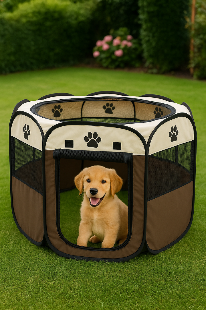 Opvouwbare Bench voor huisdieren in gebruik op een grasveld met een puppy er in.