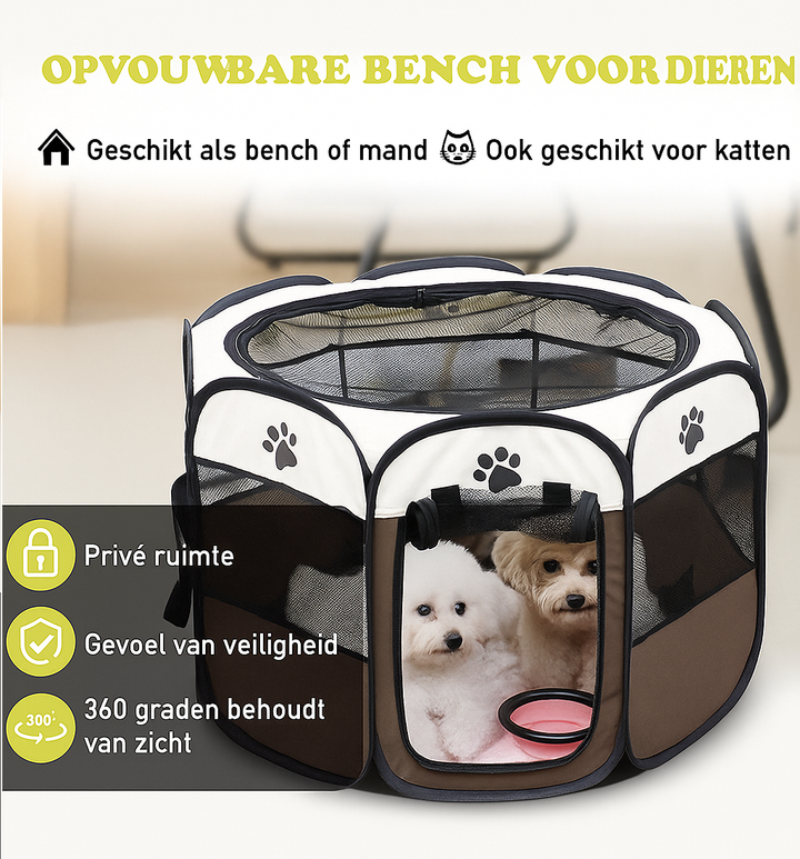 Opvouwbare hondenbench met witte en bruine stof, diameter 90 cm