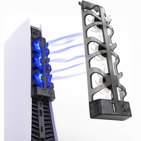 De Levay USB ventilator met blauwe LED-verlichting wordt naast een PlayStation 5 gemonteerd en toont actieve luchtstroom voor optimale koeling.
