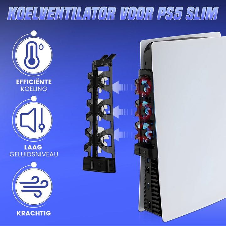  De Levay koelventilator voor PS5 met 3 fans, gemonteerd aan de console, wordt gepresenteerd met voordelen: efficiënte koeling, laag geluidsniveau en krachtige prestaties.