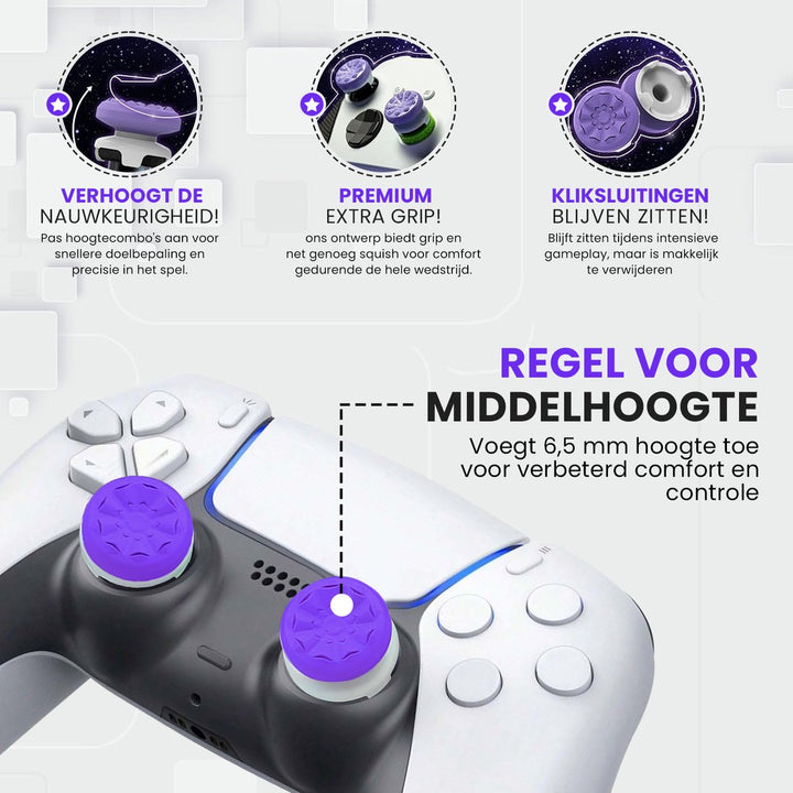 Close-up van paarse Levay thumbsticks op PS5-controller – betere grip en controle