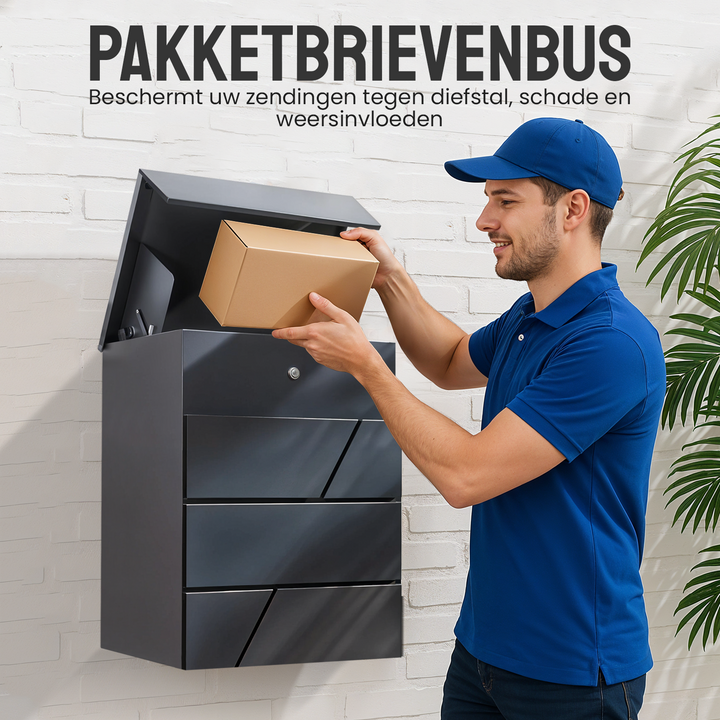 Vrijstaande zwarte pakketbrievenbus 58x44x35 cm met modern design en retoursluiting