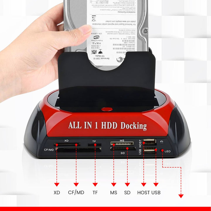 Voorzijde van het docking station toont diverse ingangen: CF/MD, TF, XD, MS, SD, USB host en LED-indicator.