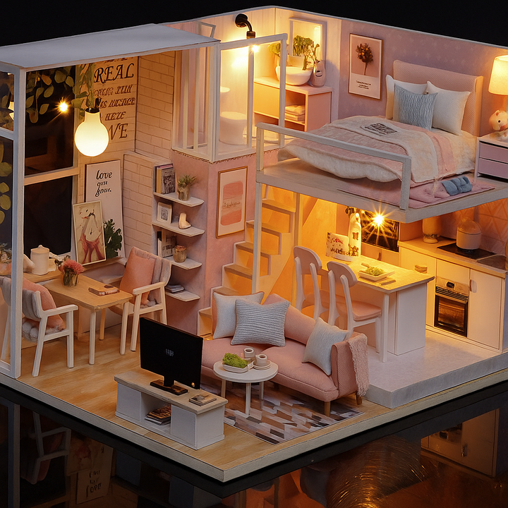 Sfeervol miniatuur poppenhuis gezien vanuit hoekperspectief, met warme LED-verlichting en realistische meubelinrichting.