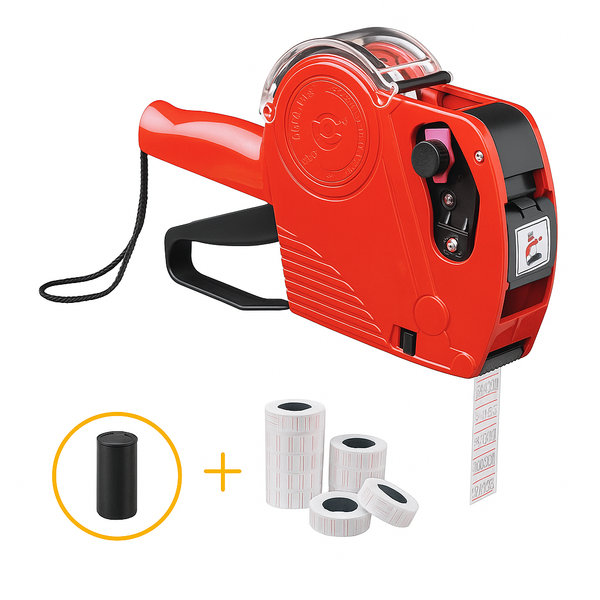 Complete prijstang set inclusief 3 prijsetiketten rollen en 1 inktrol, geschikt voor productlabeling en prijsetikettering.