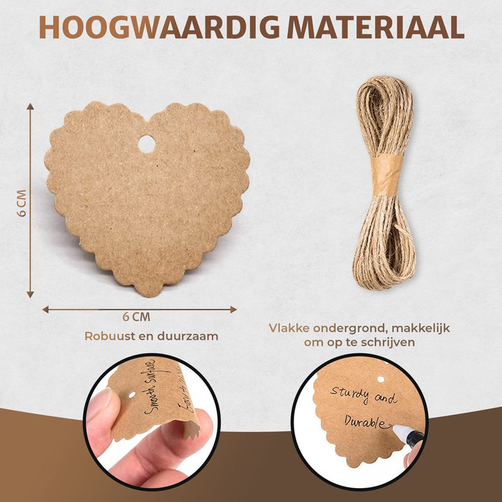 Gekarteld hartvormig kartonnen label met afmetingen 6x6 cm, robuust en duurzaam materiaal, met een rol touw erbij.