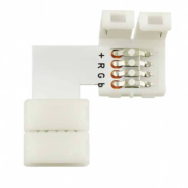 Close-up van een witte 90 graden hoekconnector voor RGB LED-strip met 4-pins aansluiting, ideaal voor het verbinden van LED strips in hoeken zonder te solderen.