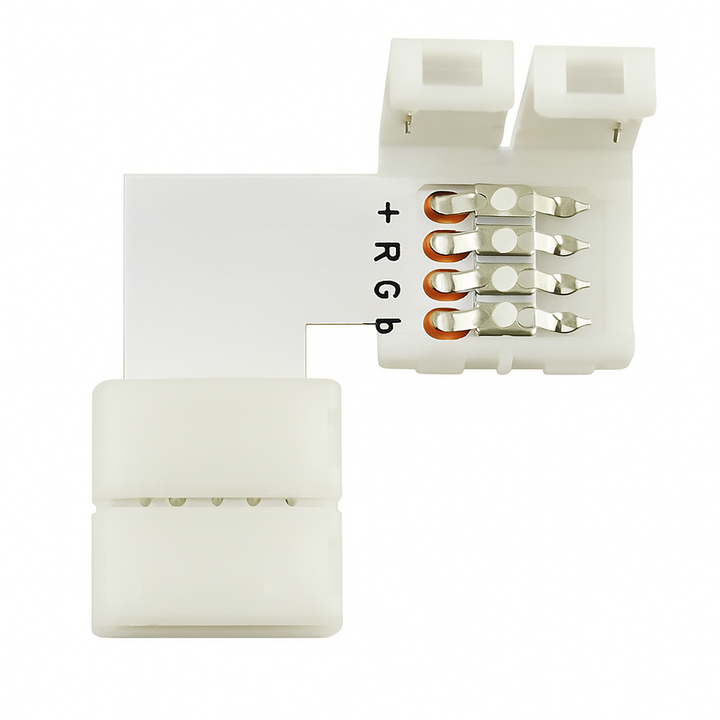 Close-up van een witte 90 graden hoekconnector voor RGB LED-strip met 4-pins aansluiting, ideaal voor het verbinden van LED strips in hoeken zonder te solderen.