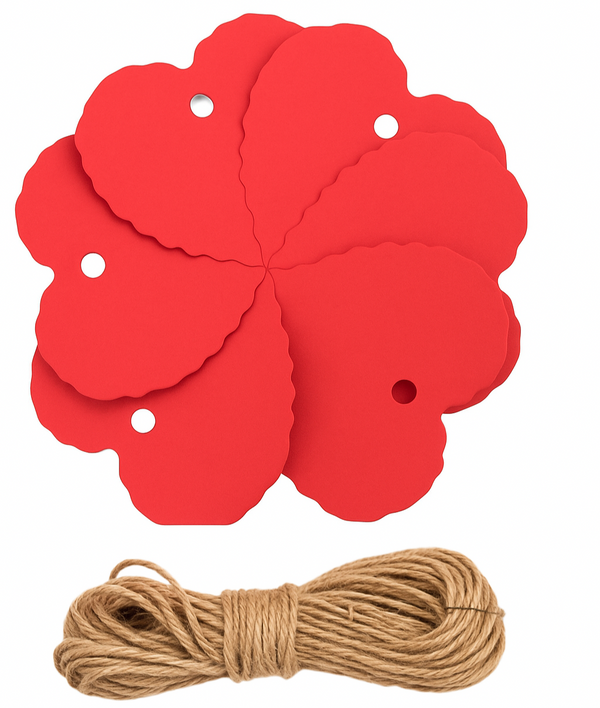 Set rode hartvormige cadeaulabels met jute touw, perfect voor Valentijns- en cadeaudecoratie.