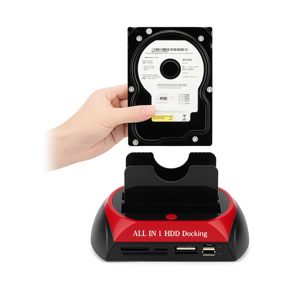 Hand plaatst een 3.5" harde schijf in een rood-zwart All-in-One SATA HDD docking station met USB-poorten.