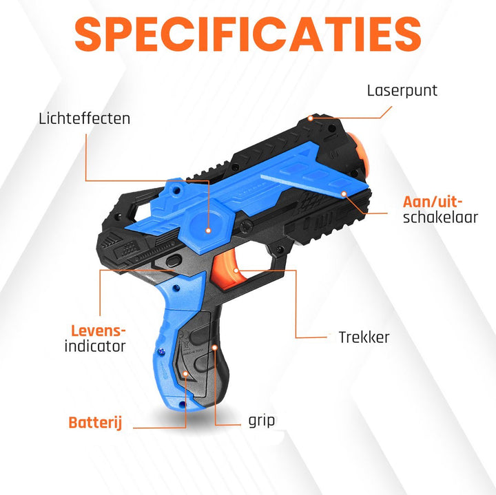 Specificatieoverzicht van blauwe lasergun met aanduidingen voor trigger, laserpunt, aan-uitknop en levensindicator


