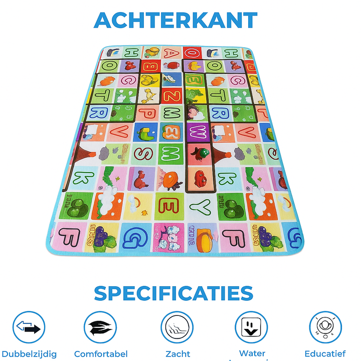 Achterzijde van de dubbelzijdige speelmat toont alfabet en kleurrijke afbeeldingen. Geschikt voor educatief gebruik, zacht foam, waterdicht en geurloos.