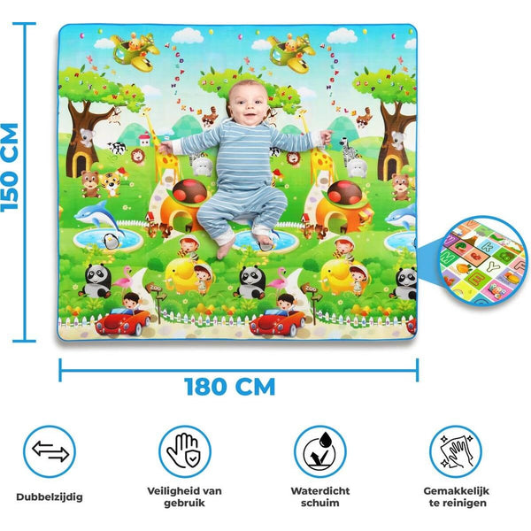 Dubbelzijdige speelmat van 180 x 150 cm met kleurrijk junglethema, waarop een baby speelt. Inclusief iconen voor waterproof, veiligheid en eenvoudig schoonmaken.