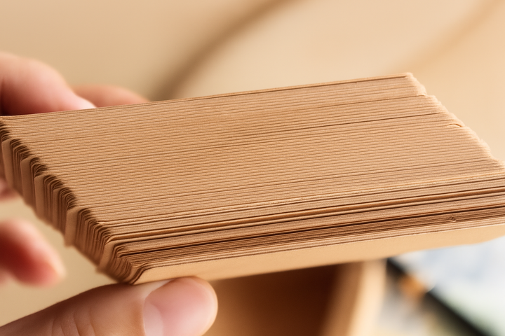 Hand houdt stapel kraft papieren kaartjes vast, warme achtergrond, milieuvriendelijk en strak design.