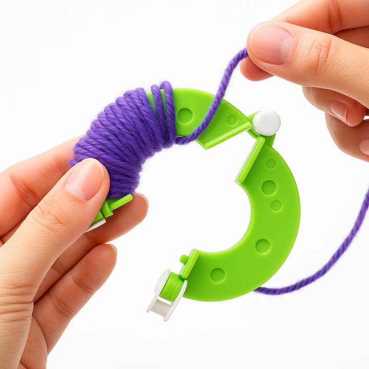 Handen wikkelen paarse wol rond een groene pompom maker als onderdeel van het creatieve proces voor het maken van pompons.