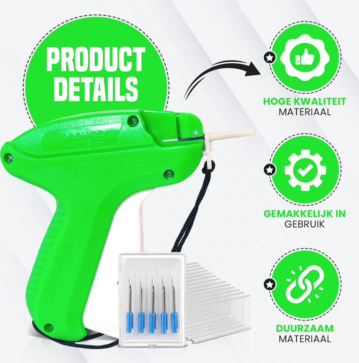 Productdetails van het groene textielpistool – hoge kwaliteit materiaal, eenvoudig in gebruik en duurzaam ontworpen.