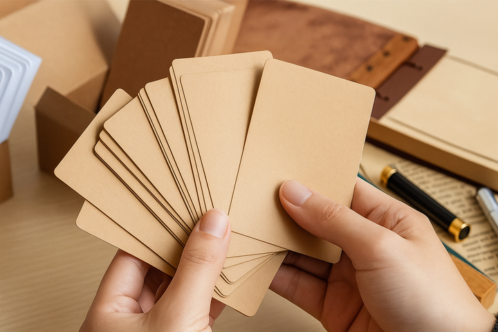 Twee handen houden waaier van kraft papieren kaartjes, pen en notitieboek op achtergrond, milieuvriendelijk.