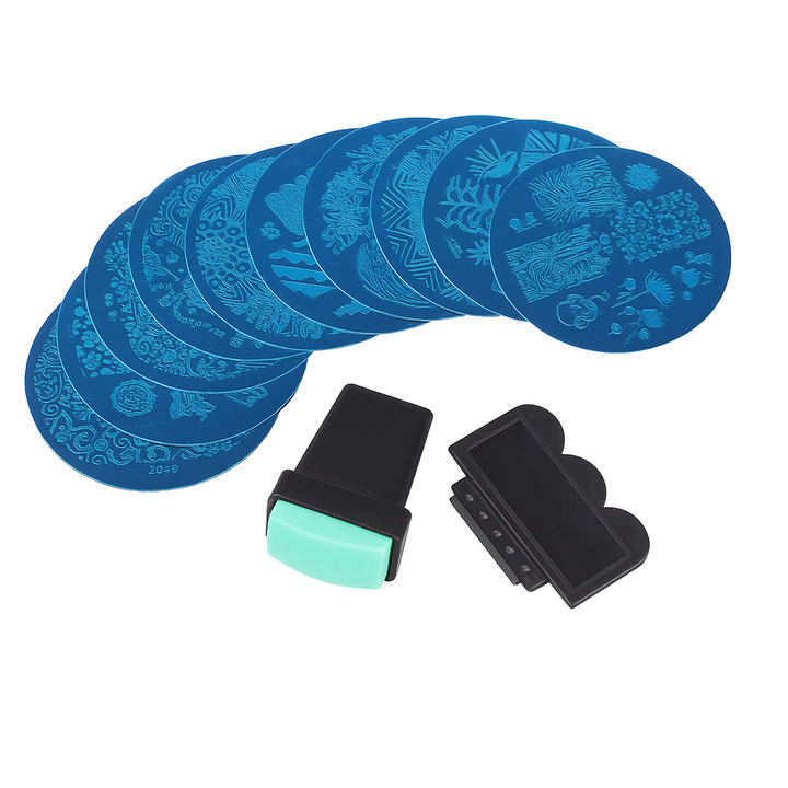 Set van 10 blauwe nagel stempelplaten met stempel en schraper