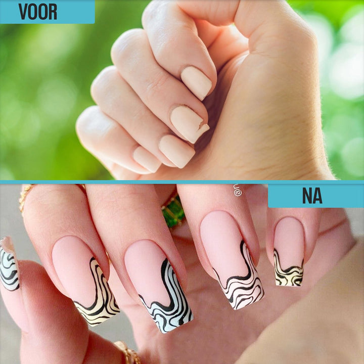 Vergelijking van natuurlijke nagels vóór en gestylede acrylnagels na gebruik van dual forms