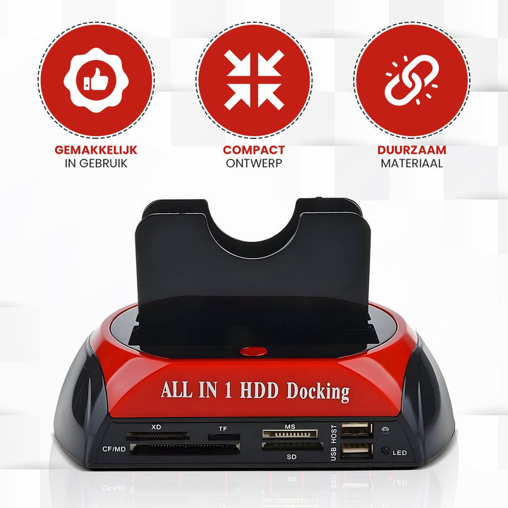 SATA docking station met meerdere kaartlezers (SD, TF, MS, CF) en USB-poorten, benadrukt als gebruiksvriendelijk en duurzaam.