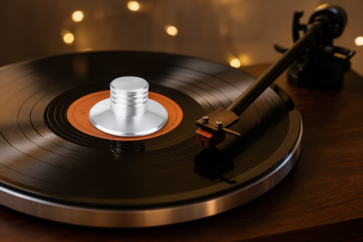 Aluminium aandrukgewicht op platenspeler tijdens het afspelen van een vinylplaat, voor stabiele rotatie.