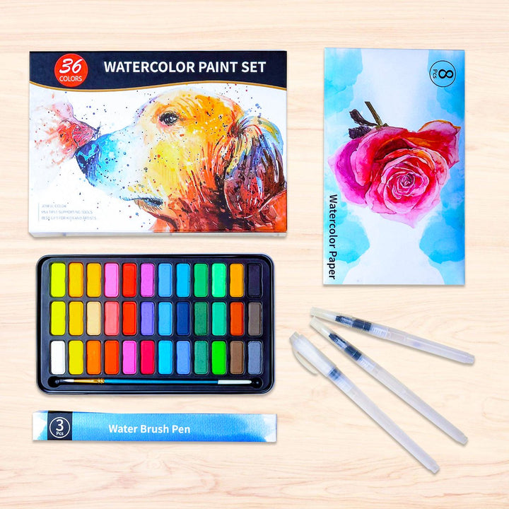  Waterverf set met 36 kleuren, 3 waterbrush pennen en aquarelpapier voor creatief gebruik