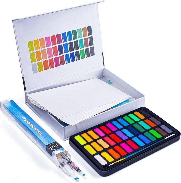 Compacte aquarelverf set met 36 kleuren, pennen en vel aquarelpapier in luxe verpakking