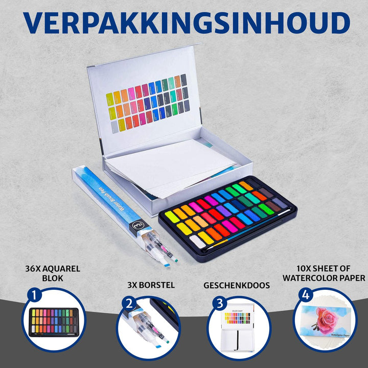 Verpakkingsinhoud van aquarelverf set met 36 blokken, 3 penselen en aquarelpapier