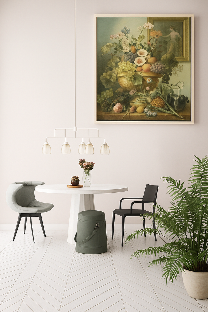 Modern eetkamerinterieur met geborduurd borduurpakket bloem- en fruitstilleven – inspiratie voor borduurkunst aan de muur.
