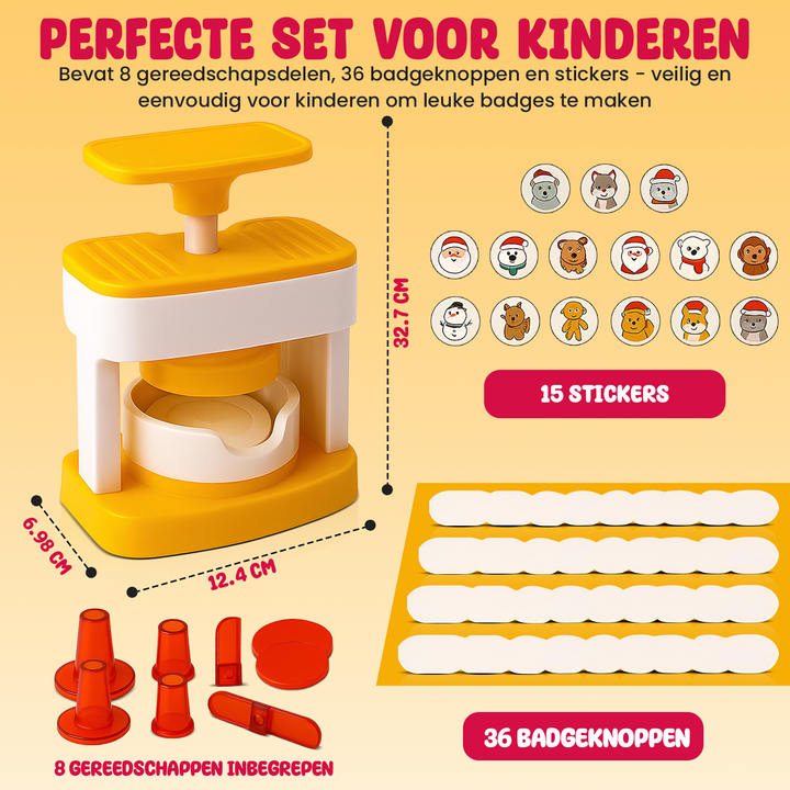 Complete buttonmaker set voor kinderen met 8 gereedschappen, 36 badgeknoppen en 15 stickers – veilig en leuk knutselen.