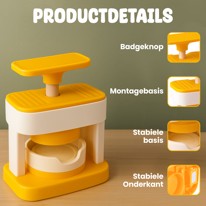 Productdetails van een Buttonmaker Set 55 mm met badgeknop, stabiele basis en montagemodule – ideaal voor DIY badges maken met kinderen