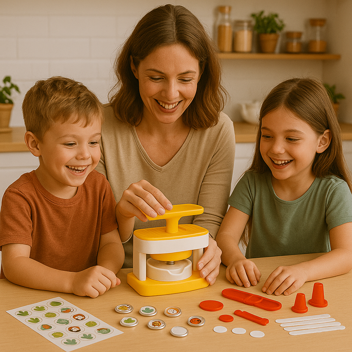 Moeder maakt samen met een jongen en meisje buttons met een gele buttonmaker set aan tafel, omringd door stickers en onderdelen.