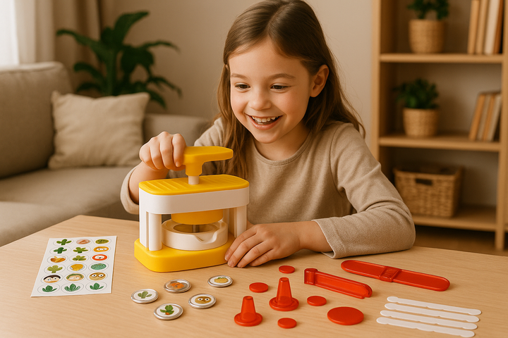 Blij meisje van ongeveer 7 jaar maakt buttons met een gele buttonmaker set aan tafel, omringd door stickers en onderdelen.