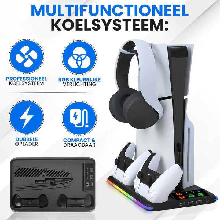 Multifunctioneel PS5 docking station met koelsysteem, RGB-verlichting, dubbele oplader en compact ontwerp