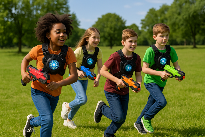 Kinderen spelen buiten met lasergame set , lachend en rennend in het gras.