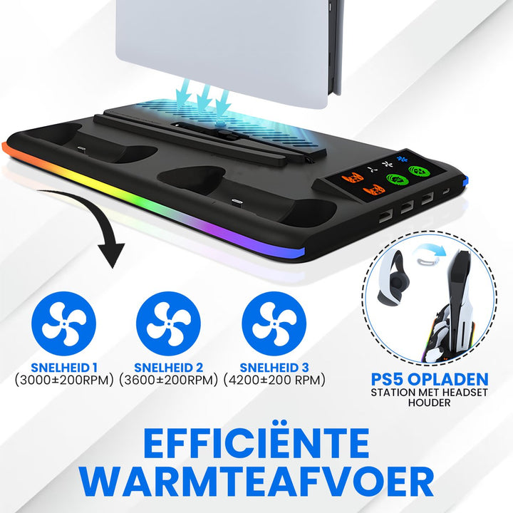 PS5 oplaadstation met ventilatiesysteem en drie koelstanden – efficiënte warmteafvoer voor optimale prestaties