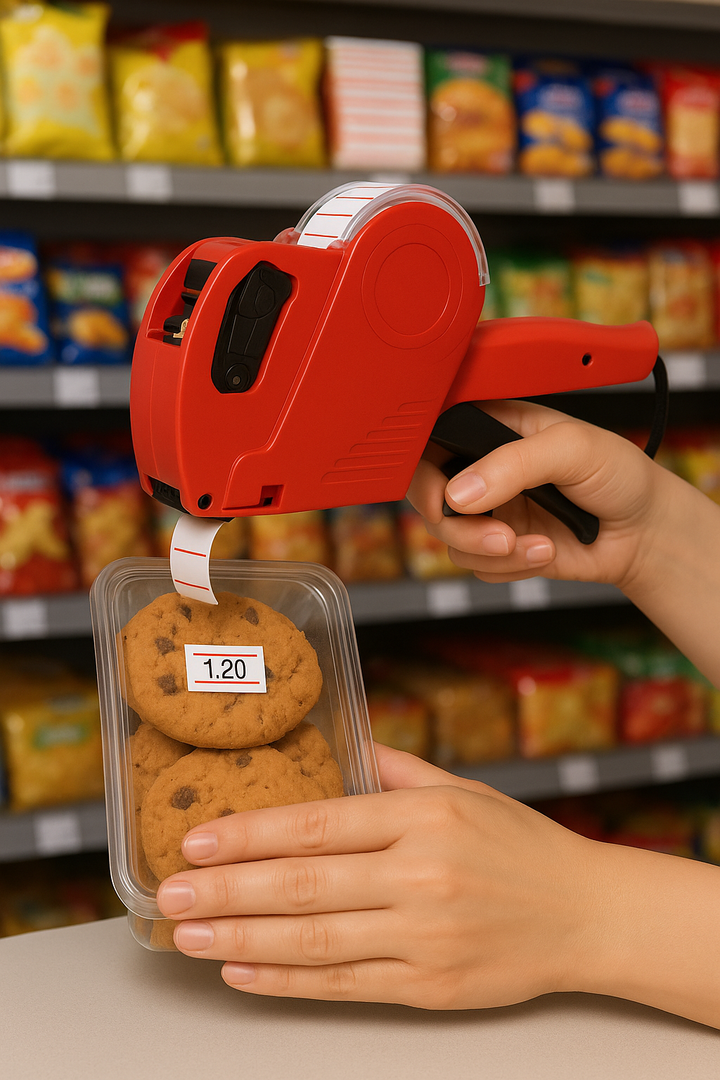 prijsrolsticker op pak met koekjes geplakt in een supermarkt.