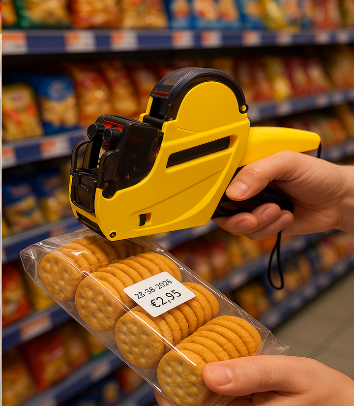  Prijstang in actie – etiketteert product in supermarkt met datum en prijs op verpakking.