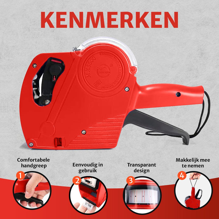  Close‑up van de prijstang met highlight van kenmerken zoals comfortabele grip en transparante behuizing – prijsetiketten apparaat overzicht.