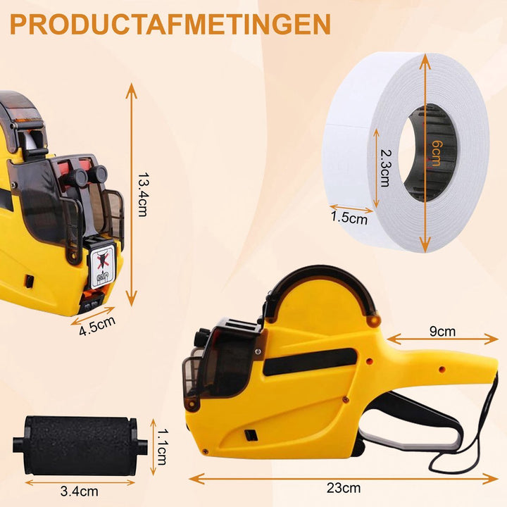 Afmetingen van de prijstang en etiketrollen – geschikt voor 23x15 mm etiketten.