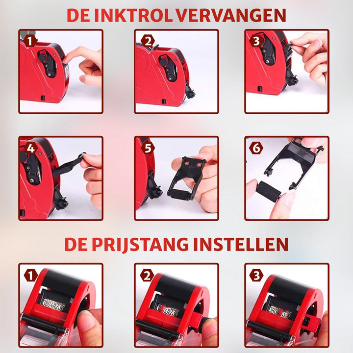 Stap-voor-staphandleiding voor het vervangen van de inktrol en het instellen van de prijstang . prijsetiketapparaat met duidelijke visuele instructies.