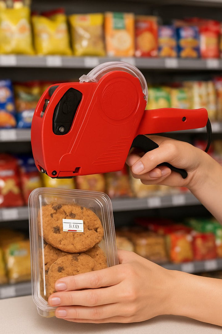 Prijstang in actie om prijsstickers aan te brengen op verpakte koekjes in winkelomgeving – robuust prijzentang in gebruik.