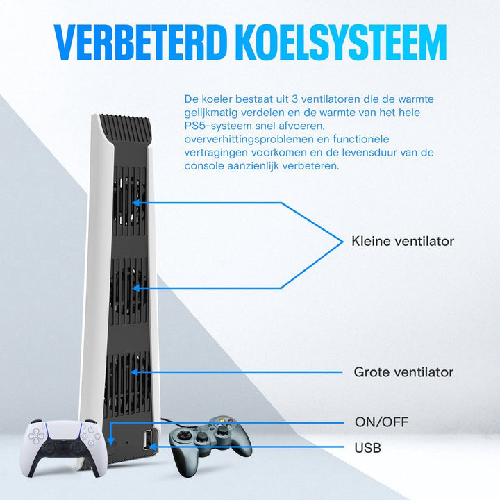Uitleg van het koelsysteem met 3 ventilatoren van de PS5 ventilator – ideaal voor langdurige gamesessies.