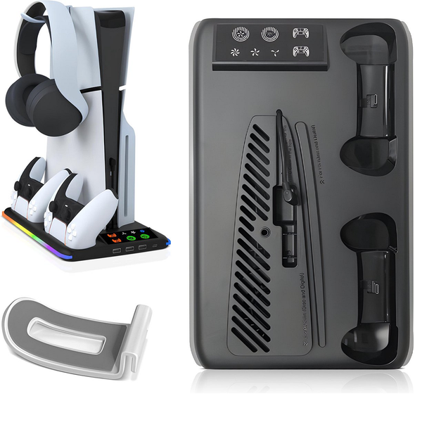 Oplaadstation geschikt voor PS5 met dubbele controlleroplader, headsethouder en verticale standaard – 7-in-1 docking station van Levay
