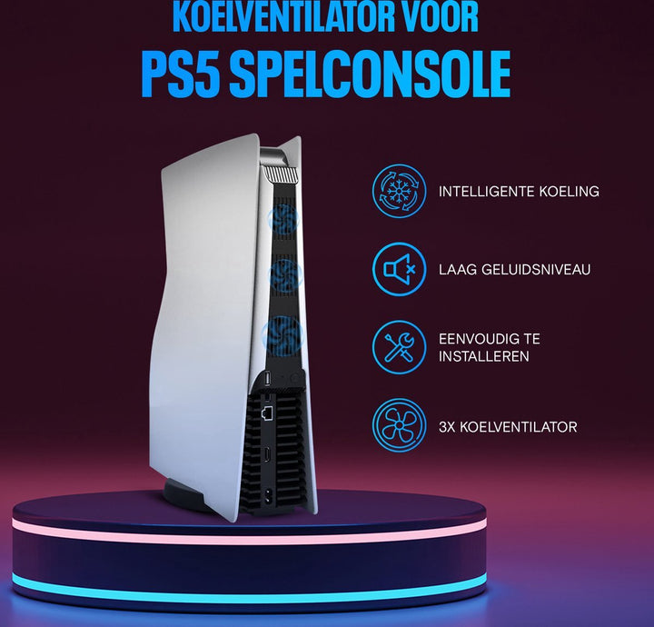 PS5 ventilator met USB-aansluiting – toont functies zoals stille werking en eenvoudige installatie.