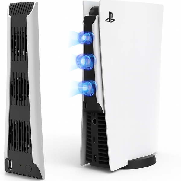 PS5 ventilator van Levay aangesloten op de PlayStation 5 – voorbeeld van koeling in actie.
